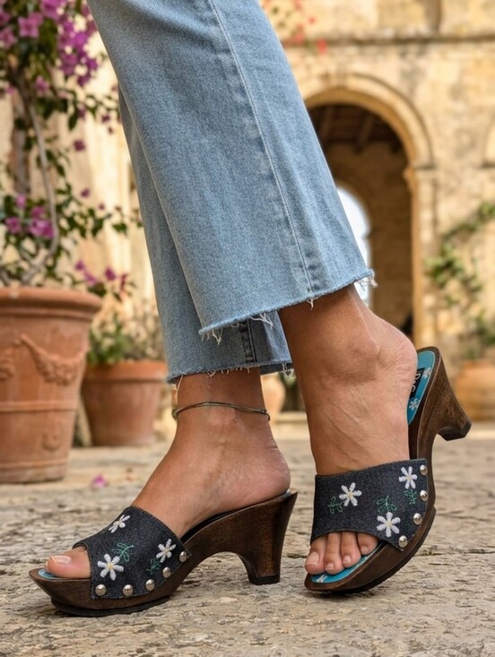 D&G Shoes - D&G Women’s Denim Slide Heels with White Floral Embroidery - Size 8
